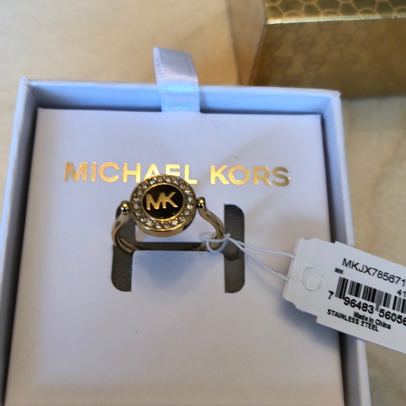 Michael Kors Gold Plated Stainless Steel Logo Ring Tortoise & Crystal Size 7 NWT - Picture 8 of 15